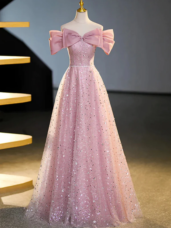 Sequins Pink Off the Shoulder Long Prom Dresses，Off  Shoulder Pink Formal Graduation Evening Dresses