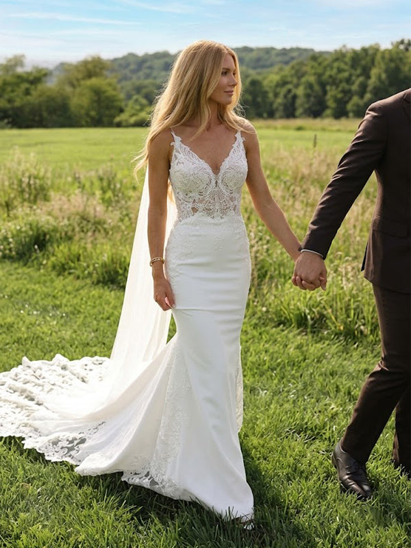 Sexy Lace Appliques V-Neck Mermaid Wedding Dress, WD3225