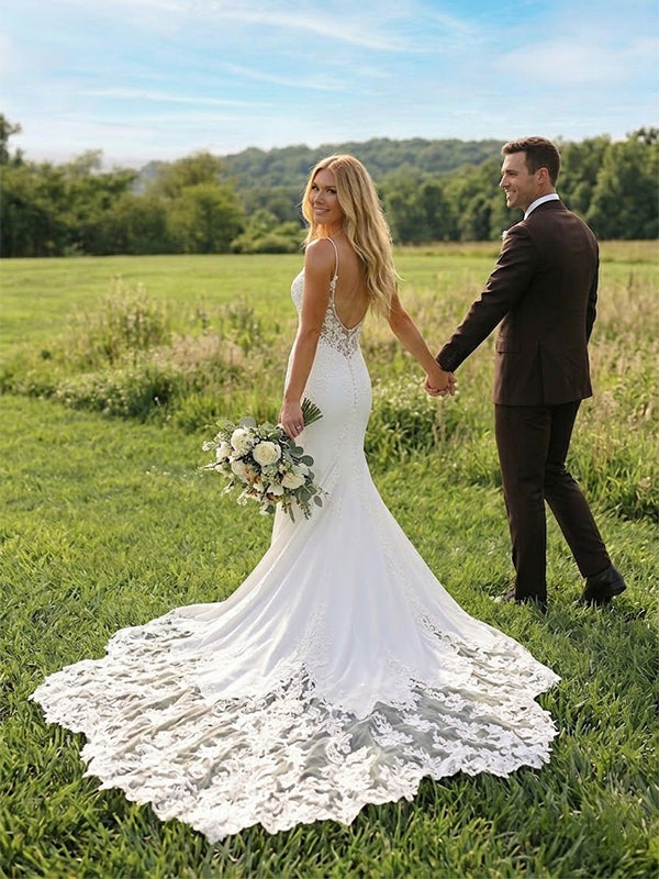 Sexy Lace Appliques V-Neck Mermaid Wedding Dress, WD3225