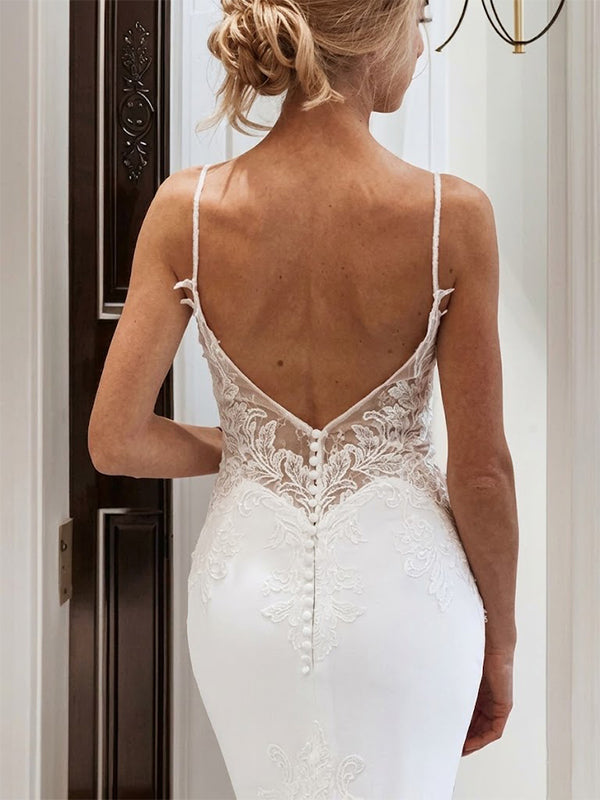 Sexy Lace Appliques V-Neck Mermaid Wedding Dress, WD3225