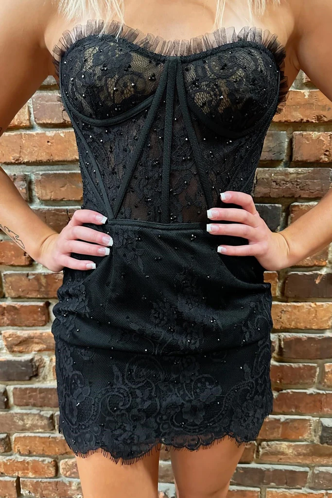 Sexy Strapless Black Lace Short Prom Dresses, Black Lace Formal Evening Homecoming Dresses
