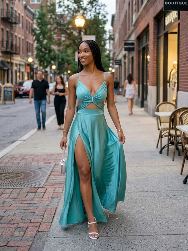 Sexy Turquoise Green Cut Out  A-line Evening Dress with Slit, PD2823089