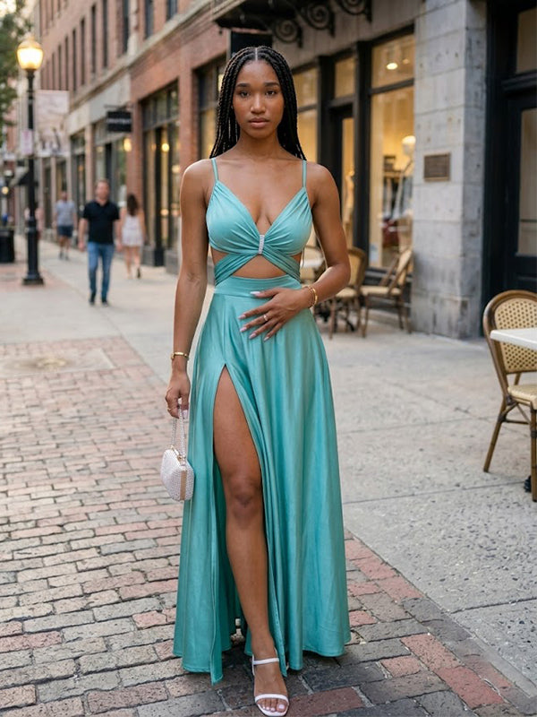 Sexy Turquoise Green Cut Out  A-line Evening Dress with Slit, PD2823089