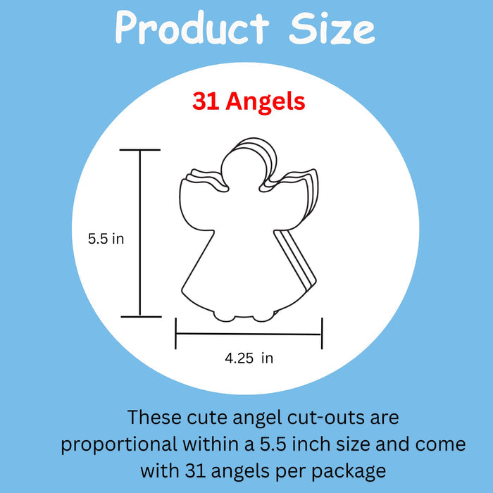 Measurement chart for angel cut-outs with '31 Angels' branding on a blue background