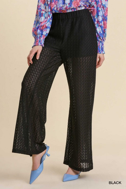 Sheer Elastic Waist Lace Detail Palazzo Pants