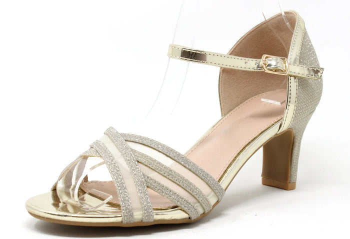 Gold high-heeled sandal with a decorative strap on a white background
