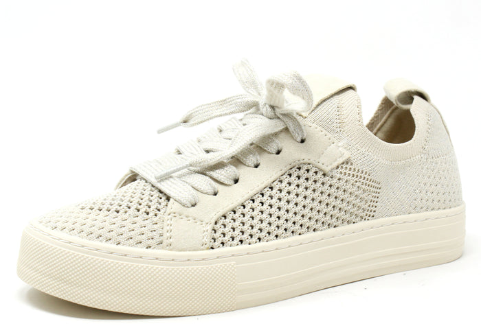 A pair of beige lace-up sneakers with faux suede trims and a platform sole.