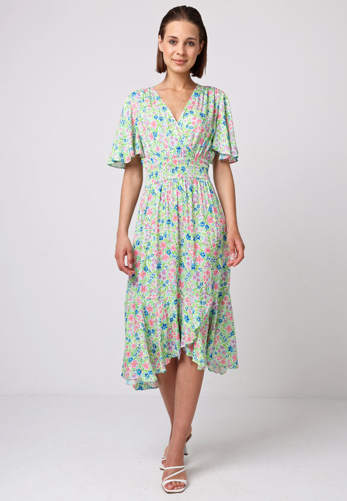 Shirred Waist Wrap Top Flutter Sleeve Midi Dress