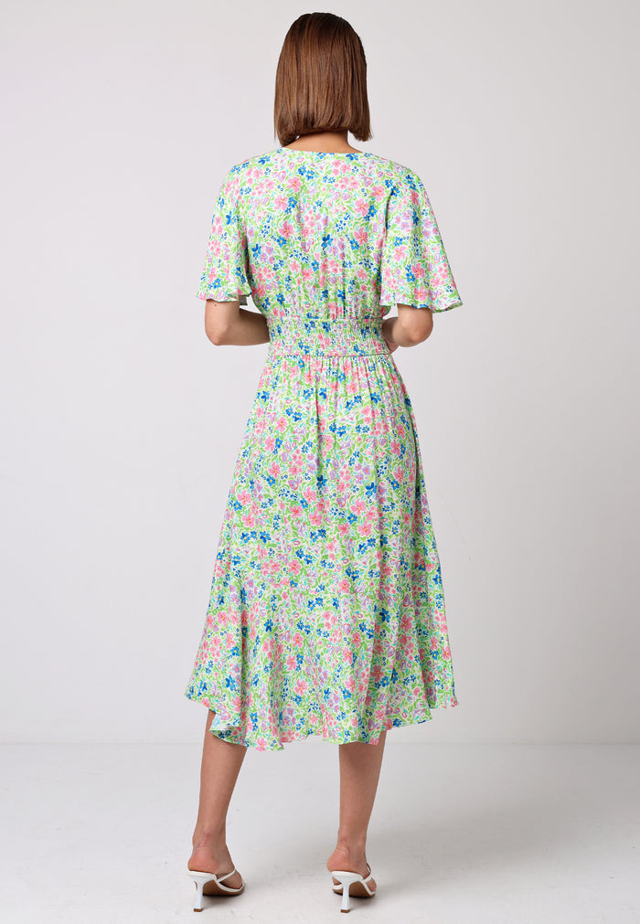 Shirred Waist Wrap Top Flutter Sleeve Midi Dress