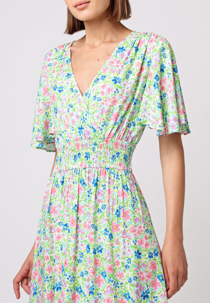 Shirred Waist Wrap Top Flutter Sleeve Midi Dress