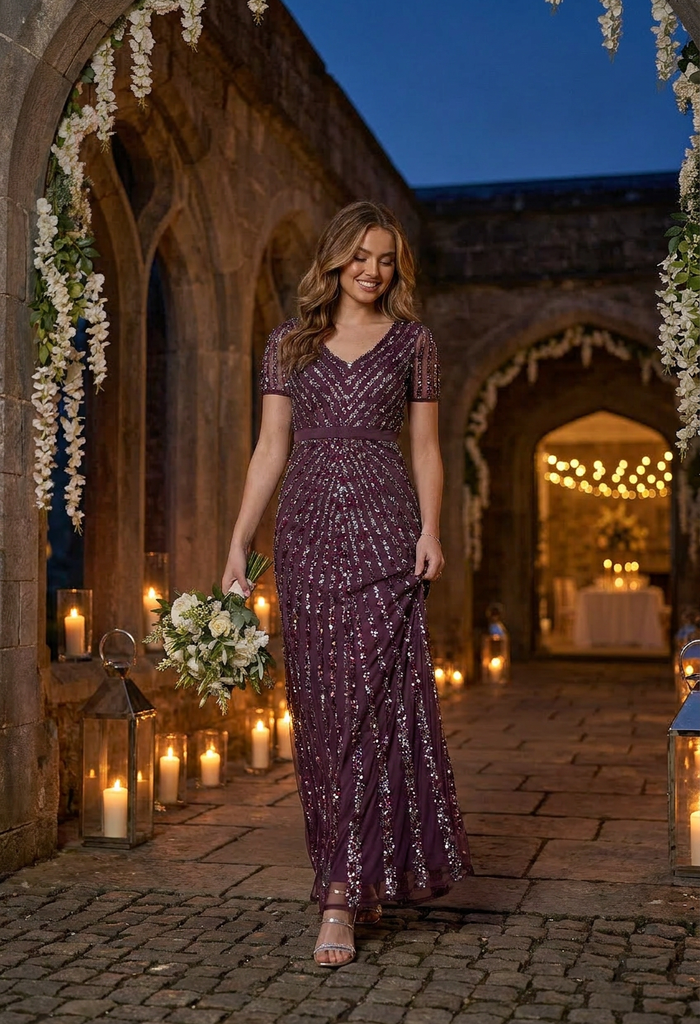 Short Sleeve Stripe Embellished Maxi Dress