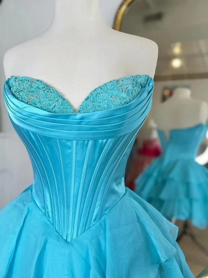 Short Sweetheart Neck Blue Layered Prom Dresses, Short Layered Formal Evening Graduation Dresses