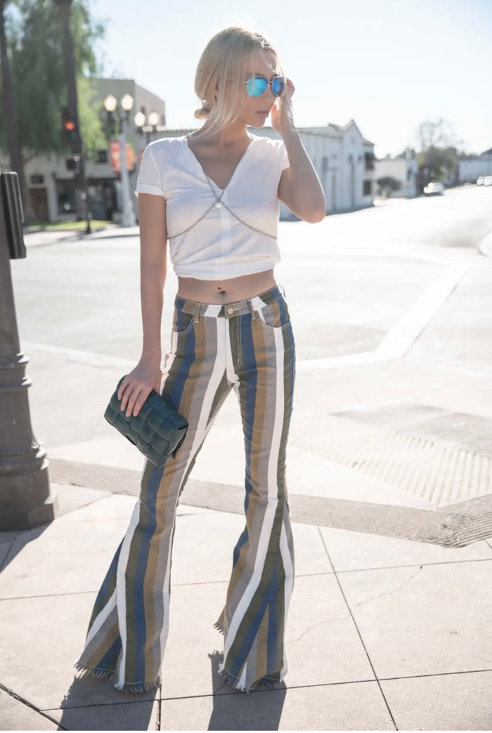 Simone Striped High Rise Flare Jeans