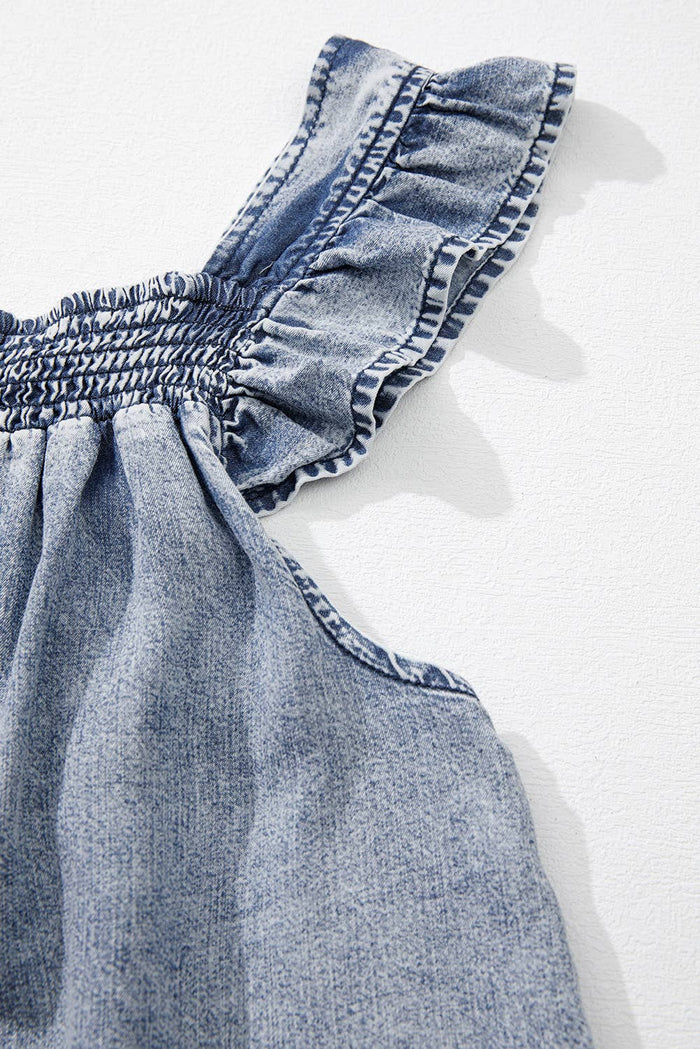 Sky Blue Cut Ruffled Denim Tank Top