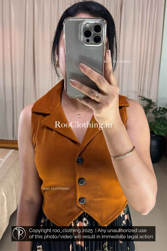 Sleeveless Burnt Orange Notch Collared Button-Up Crop Top