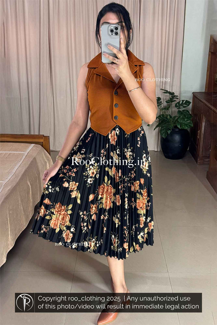 Sleeveless Burnt Orange Notch Collared Button-Up Crop Top