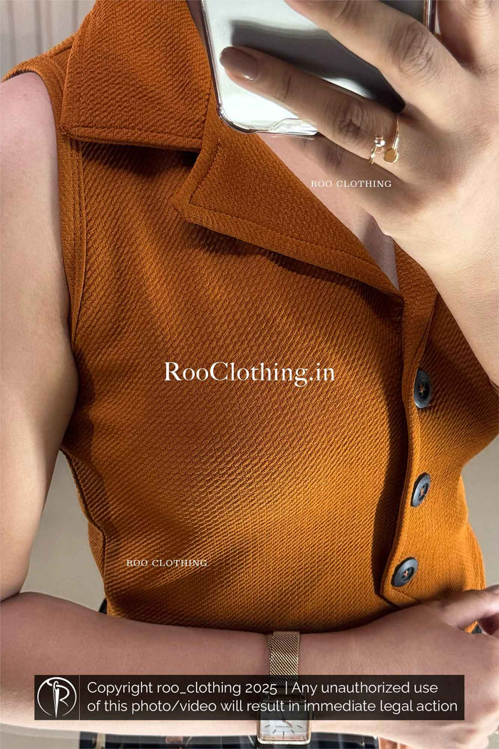 Sleeveless Burnt Orange Notch Collared Button-Up Crop Top