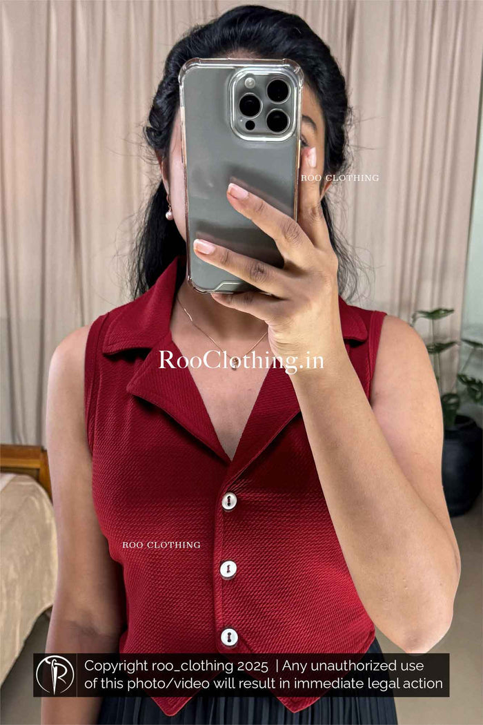 Sleeveless Maroon Notch Collared Button-Up Crop Top