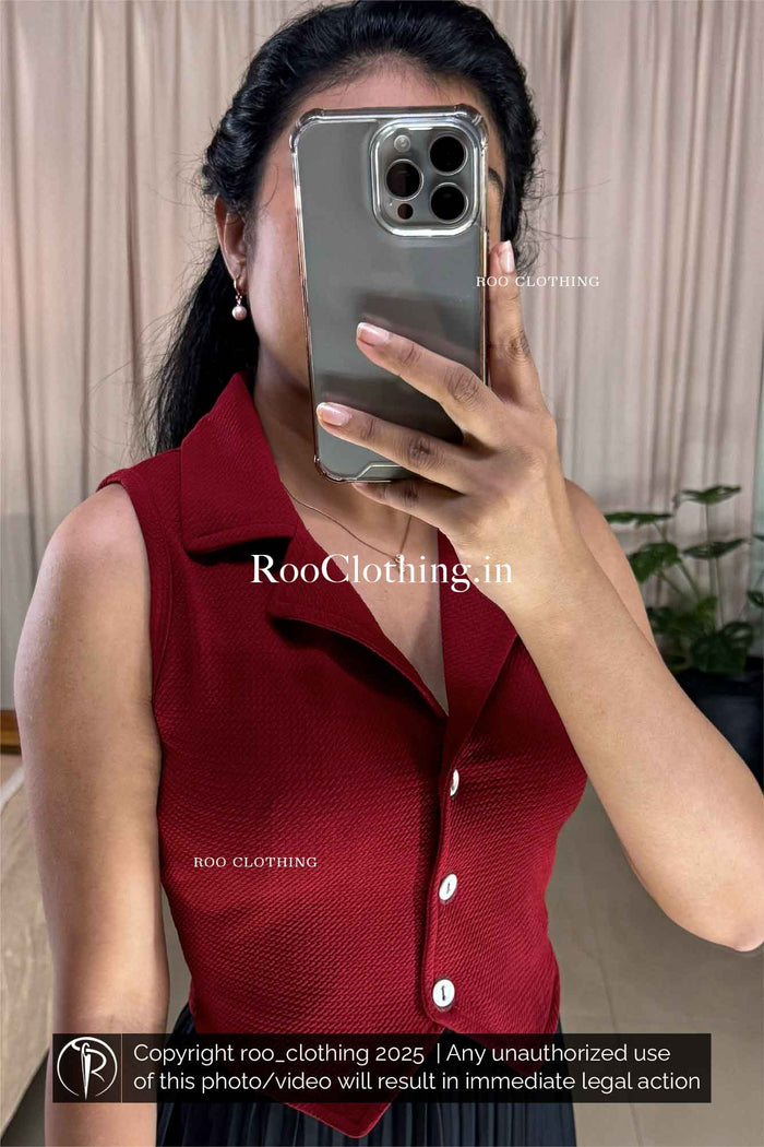 Sleeveless Maroon Notch Collared Button-Up Crop Top