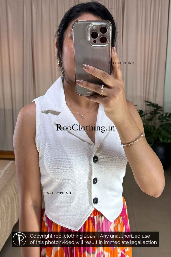 Sleeveless White Notch Collared Button-Up Crop Top