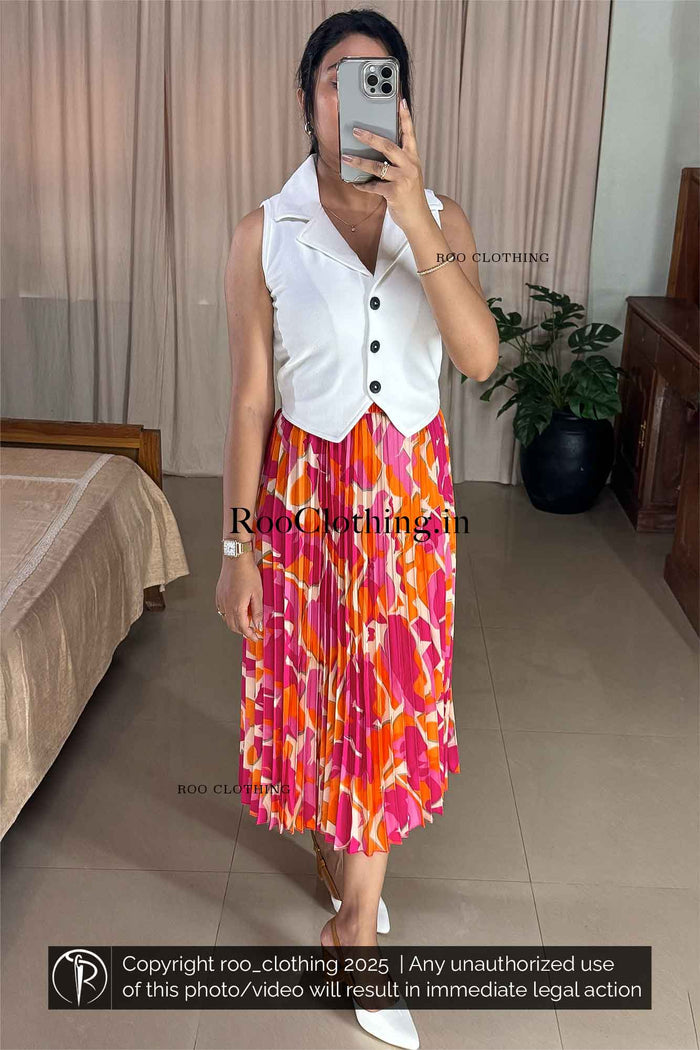 Sleeveless White Notch Collared Button-Up Crop Top