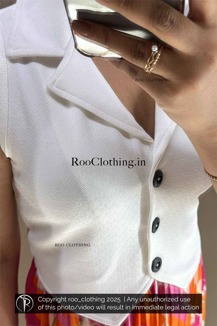 Sleeveless White Notch Collared Button-Up Crop Top