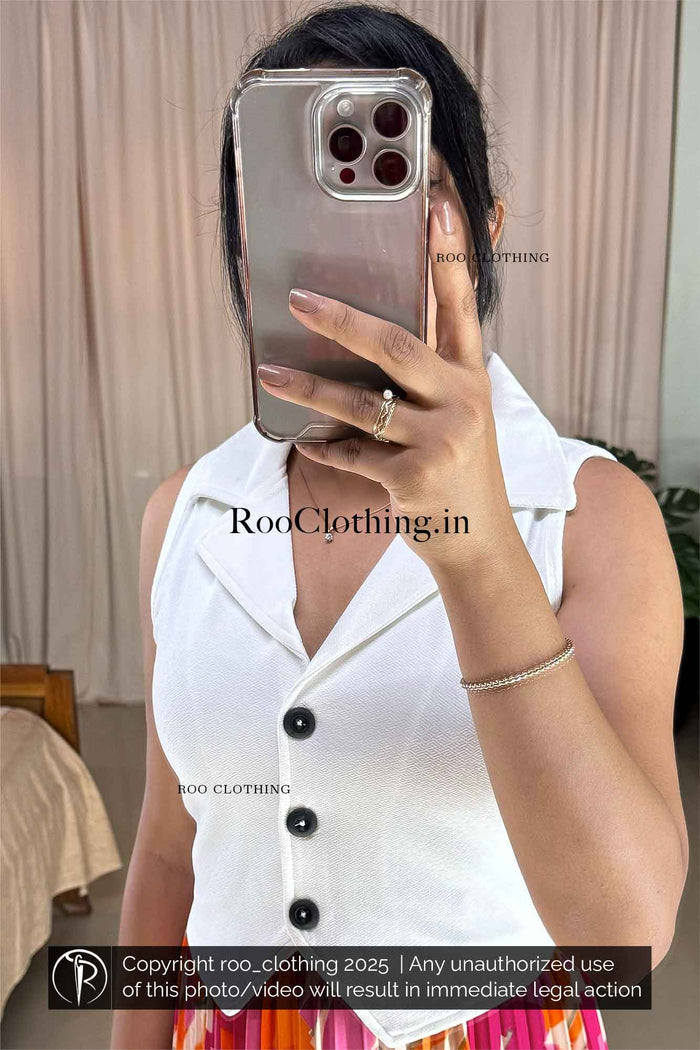 Sleeveless White Notch Collared Button-Up Crop Top