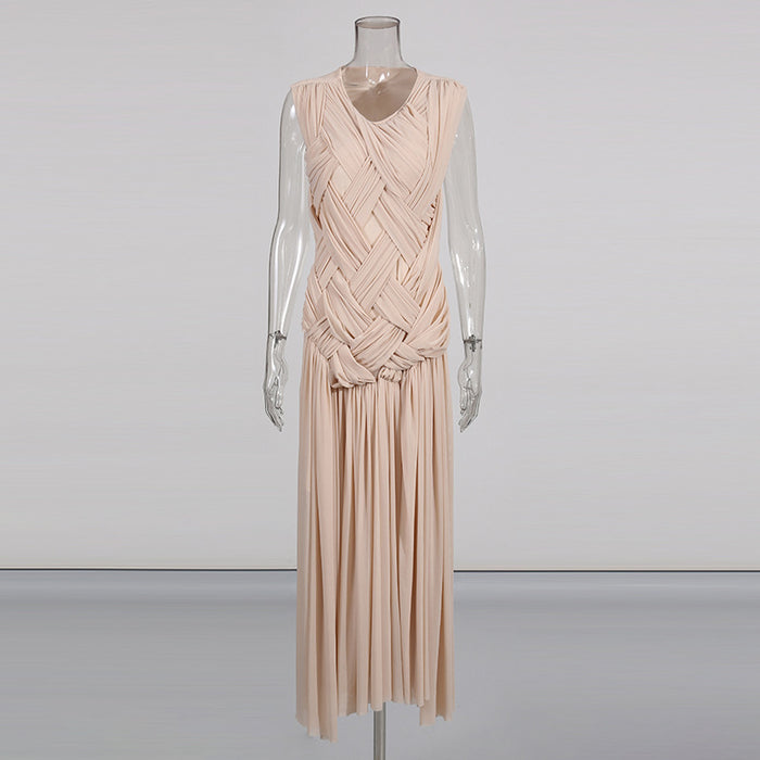 sleeveless woven draped maxi dress with pleated skirt – EZAT