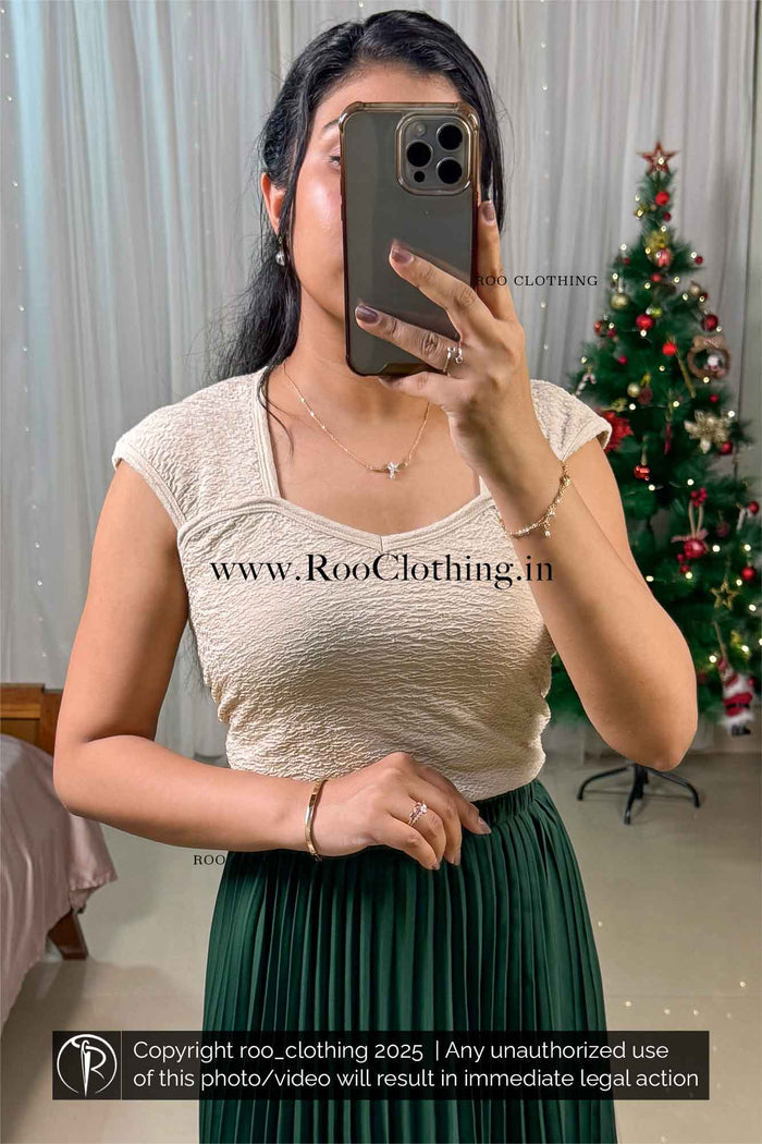 Soft Golden Beige Sweetheart Neckline Short Sleeve Top