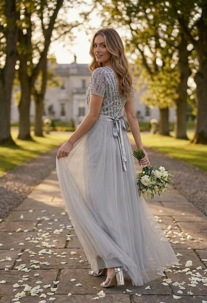 SOFT GREY V NECK SEQUIN AND TULLE DRESS WITH TIE WAIST