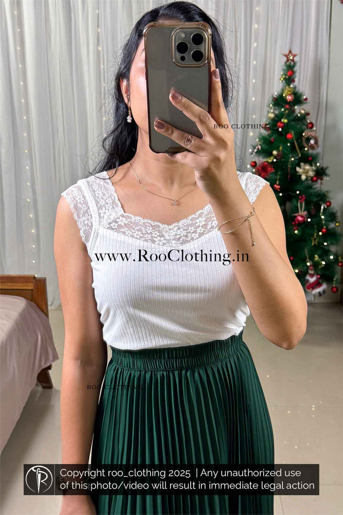 Soft Ivory Color Ribbed Top with Lace Detailing