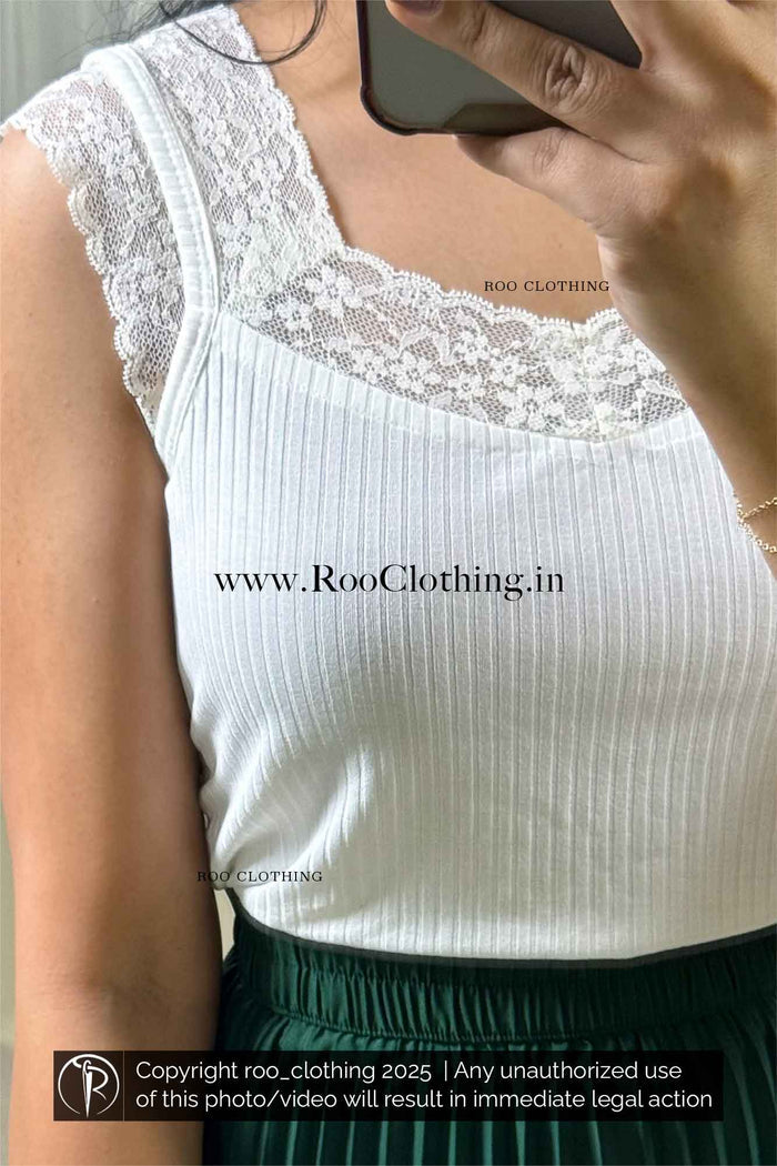 Soft Ivory Color Ribbed Top with Lace Detailing