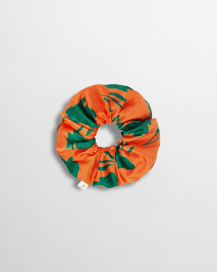 Soleil Floral Print Silk Scrunchie - Orange Green Floral