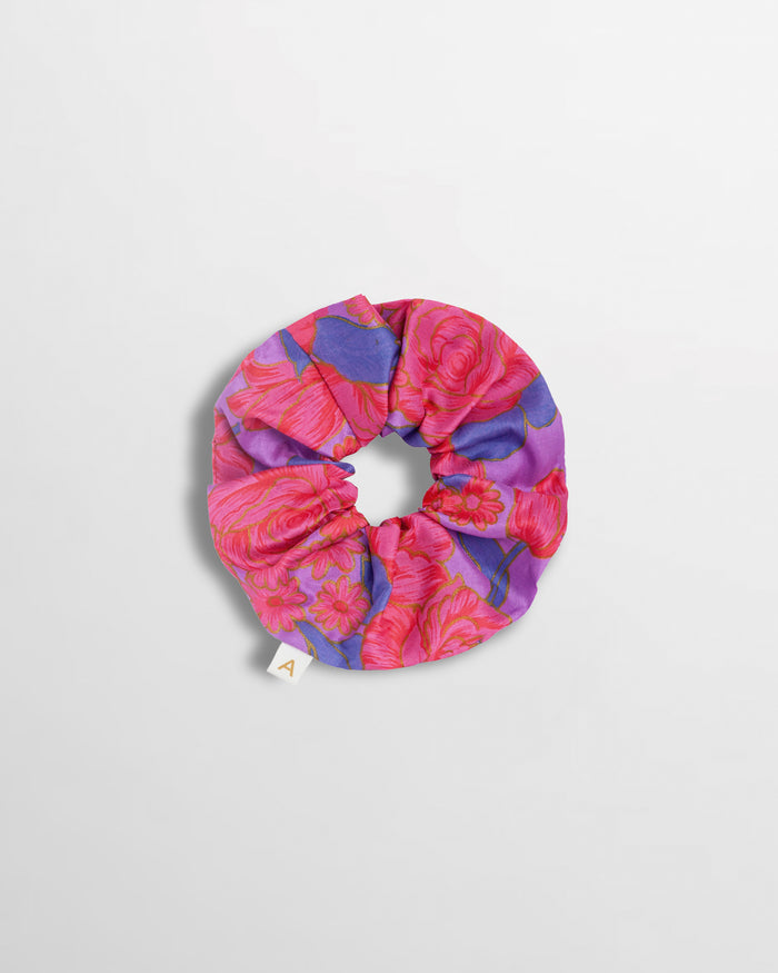 Soleil Floral Print Silk Scrunchie - Pink Rose
