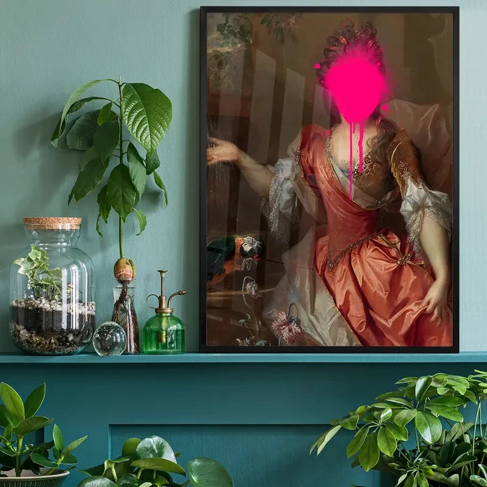 Spray Paint Face Altered Art Portrait Print 1, quirky altered art print black framed on a living room shelf