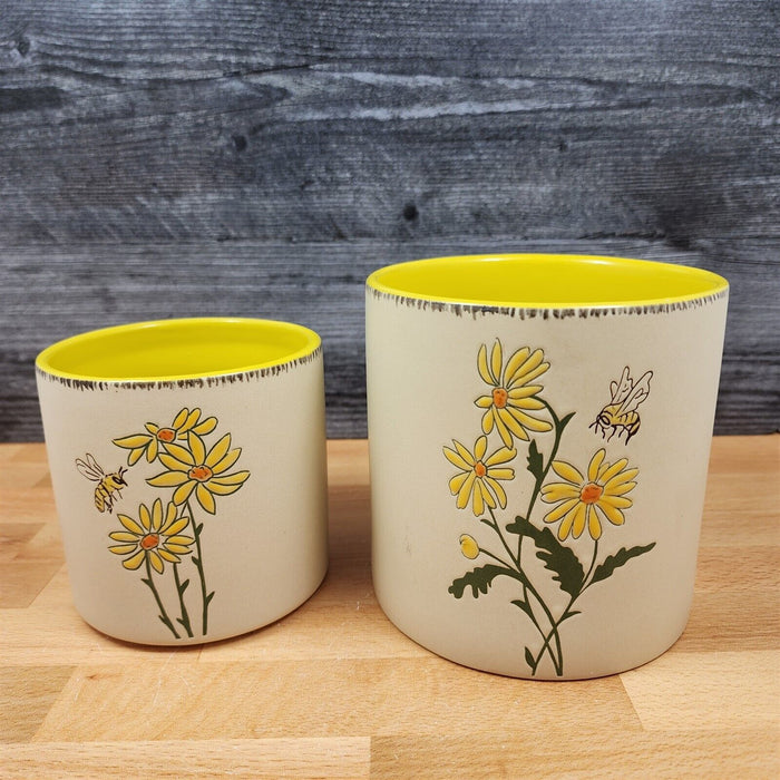 Spring Daisy Flower & Bee Canister Embossed Set by Blue Sky 4" & 5" Ceramic Pots