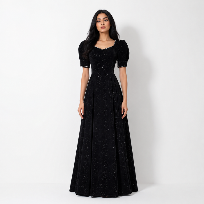 Starlight Puff Sleeve Evening Gown - Midnight