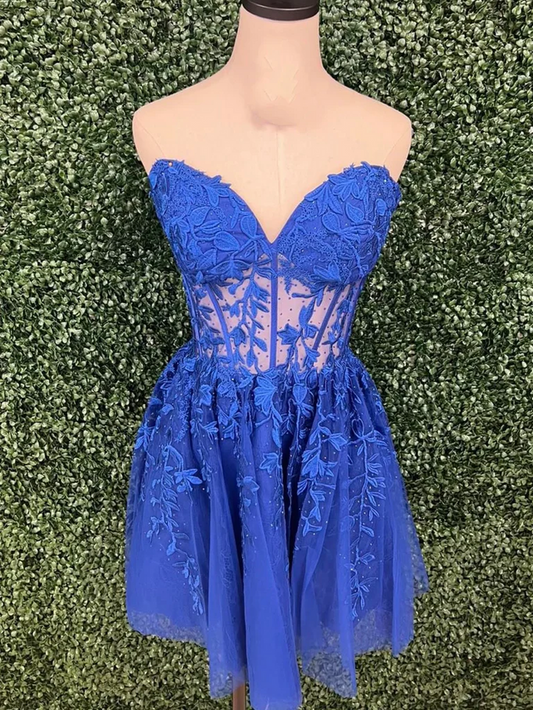 Strapless Blue Lace Short Prom Dresses, Short Blue Lace  Formal Evening Homecoming Dresses