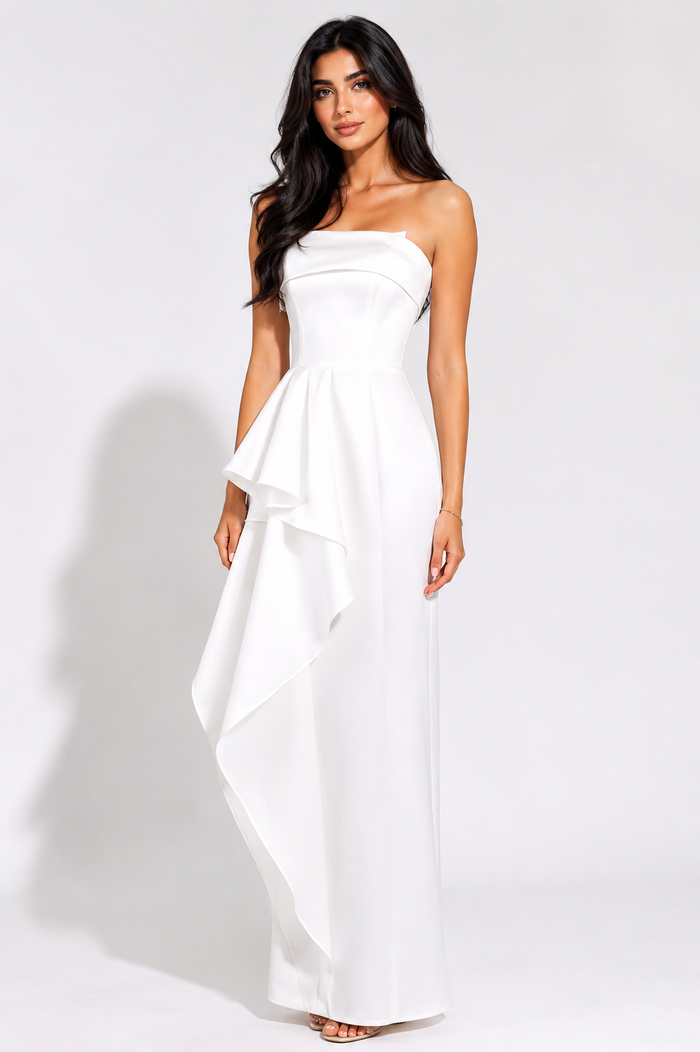 Strapless Cascade Ruffle Column Dress - Ivory