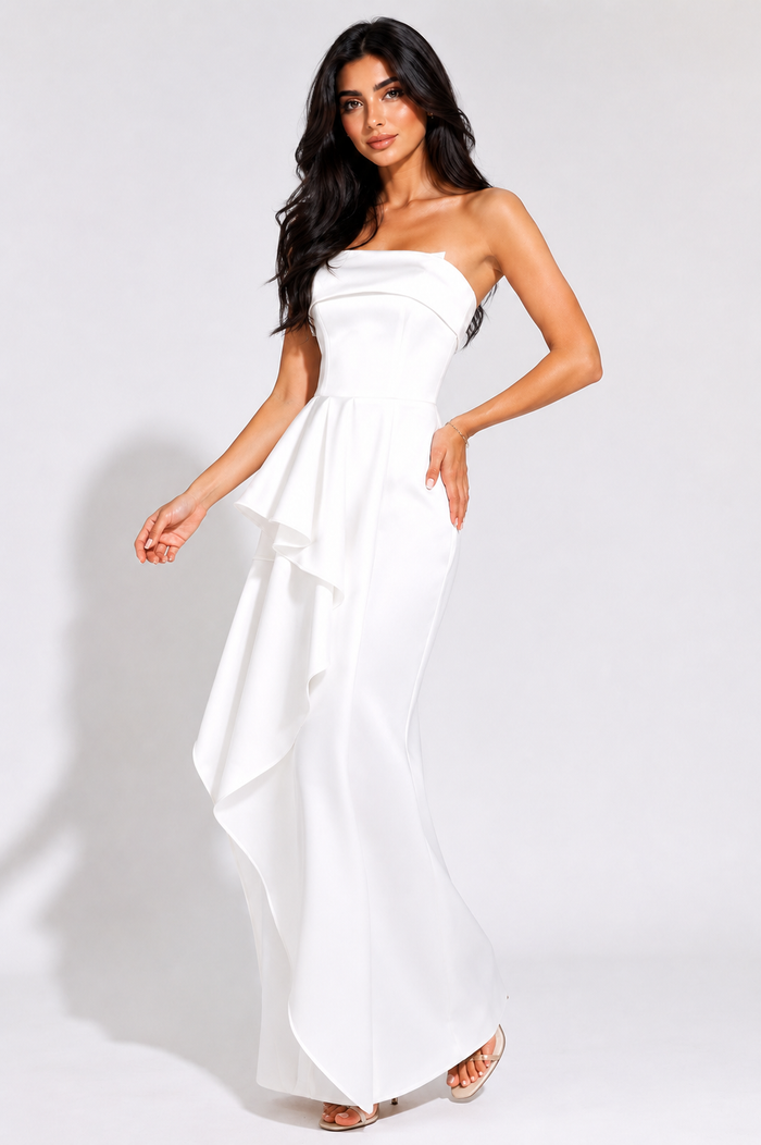 Strapless Cascade Ruffle Column Dress - Ivory