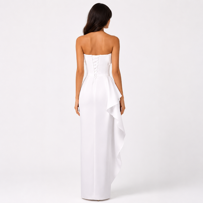 Strapless Cascade Ruffle Column Dress - Ivory