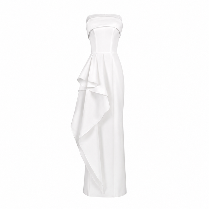 Strapless Cascade Ruffle Column Dress - Ivory