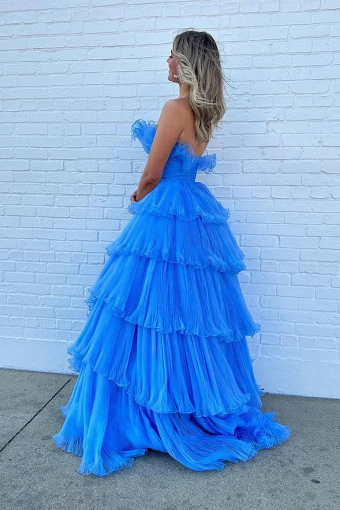 Strapless Layered Blue Long Prom Dresses, Open Back Blue Formal Evening Dresses, Blue Ball Gown