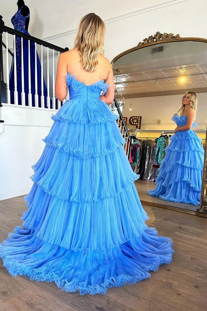 Strapless Layered Blue Long Prom Dresses, Open Back Blue Formal Evening Dresses, Blue Ball Gown