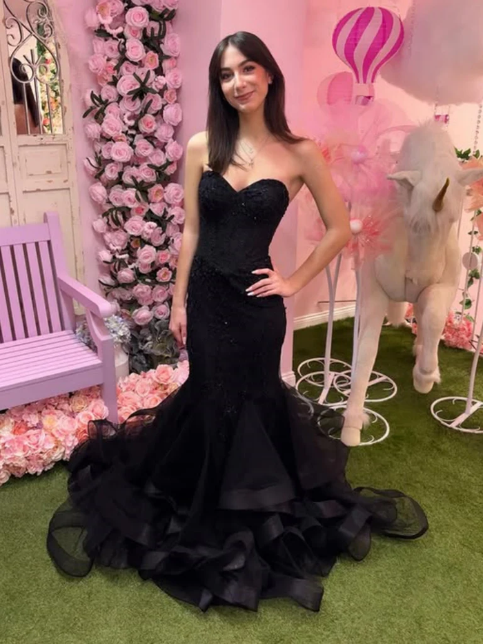 Strapless Mermaid Black Lace Long Prom Dresses, Mermaid Black Lace Evening Formal Dresses