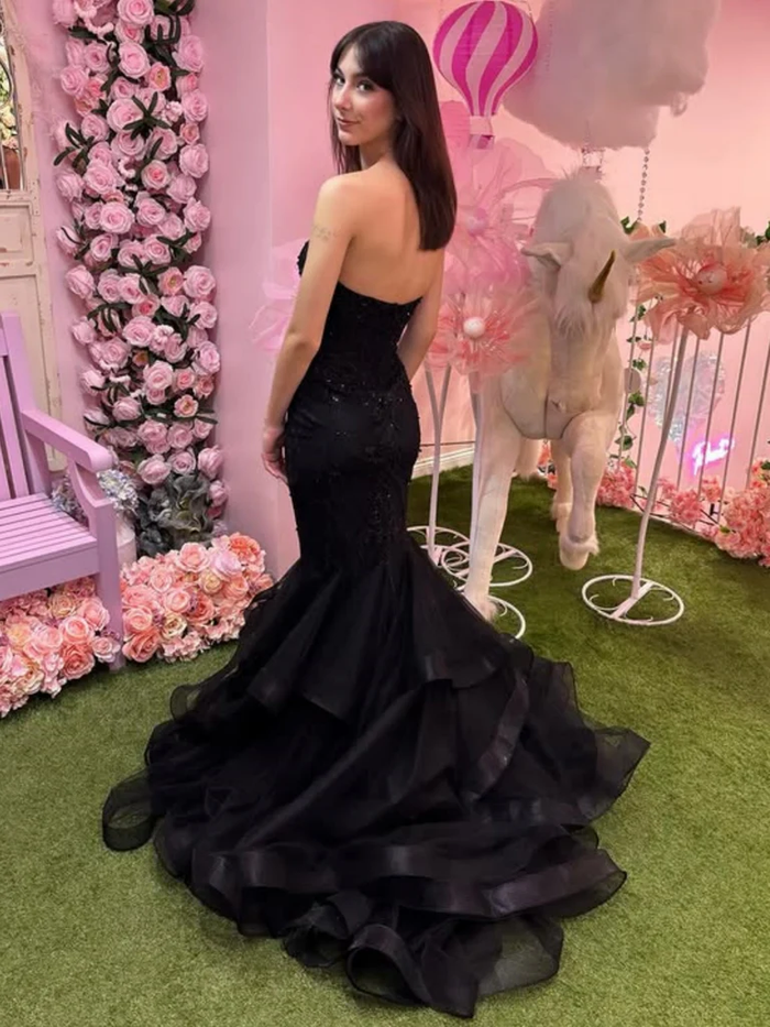 Strapless Mermaid Black Lace Long Prom Dresses, Mermaid Black Lace Evening Formal Dresses