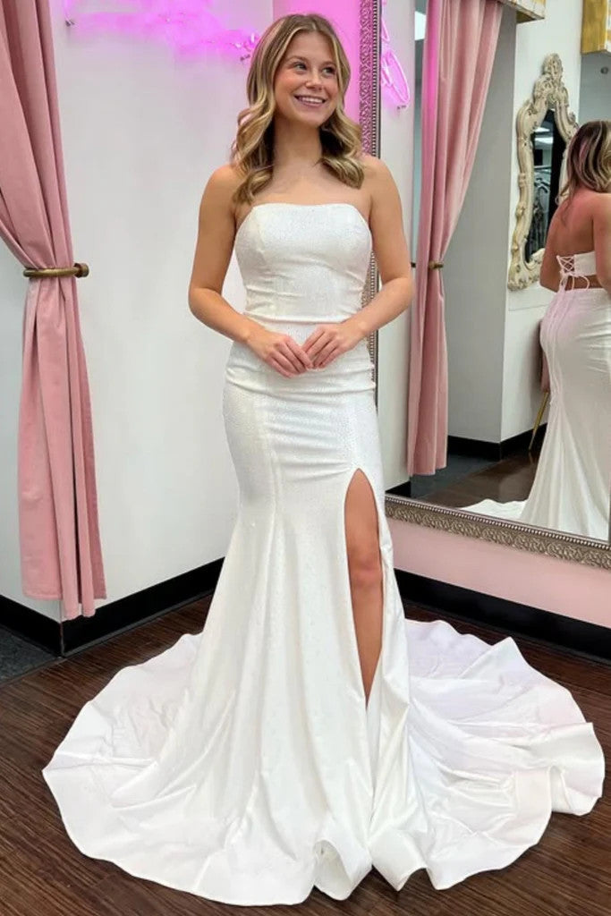 Strapless Mermaid White Satin Long Prom Dresses with High Slit, Mermaid White Formal Evening Dresses
