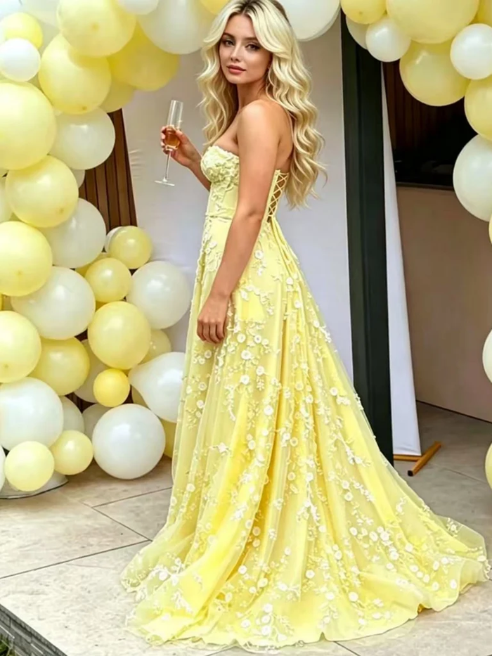 Strapless Yellow Lace Long Prom Dresses with Appliques，Yellow Formal  Evening Graduation Dresses