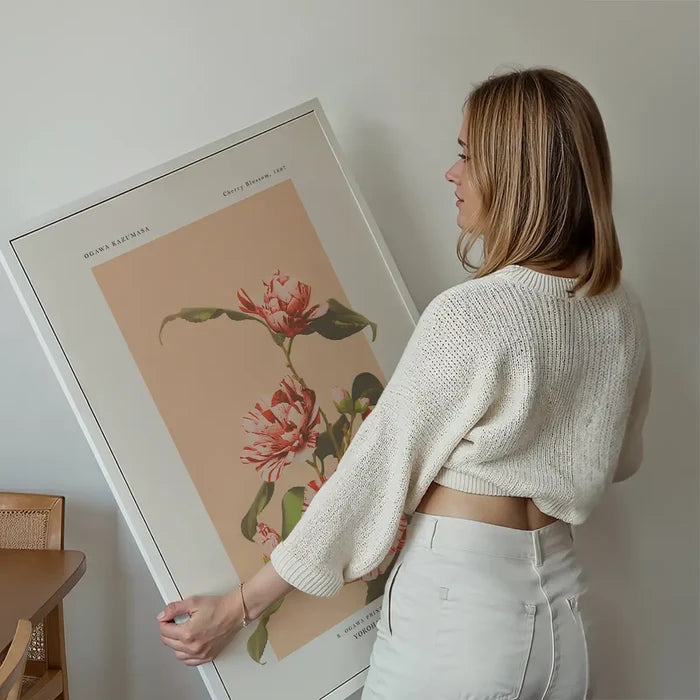 Striped Camellias Ogawa Kazumasa Flowers Print held up against a living room wall