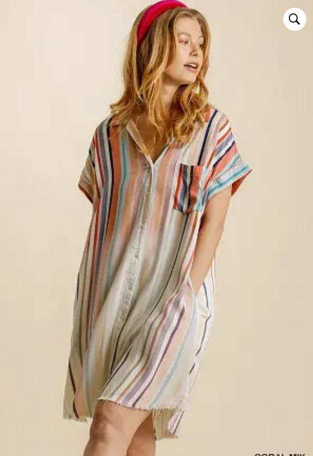 Striped Short Sleeve Button Down Dress